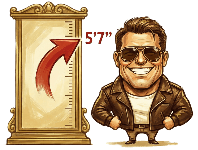 Caricature of a short action hero next to a 5 foot 7 measurement chart